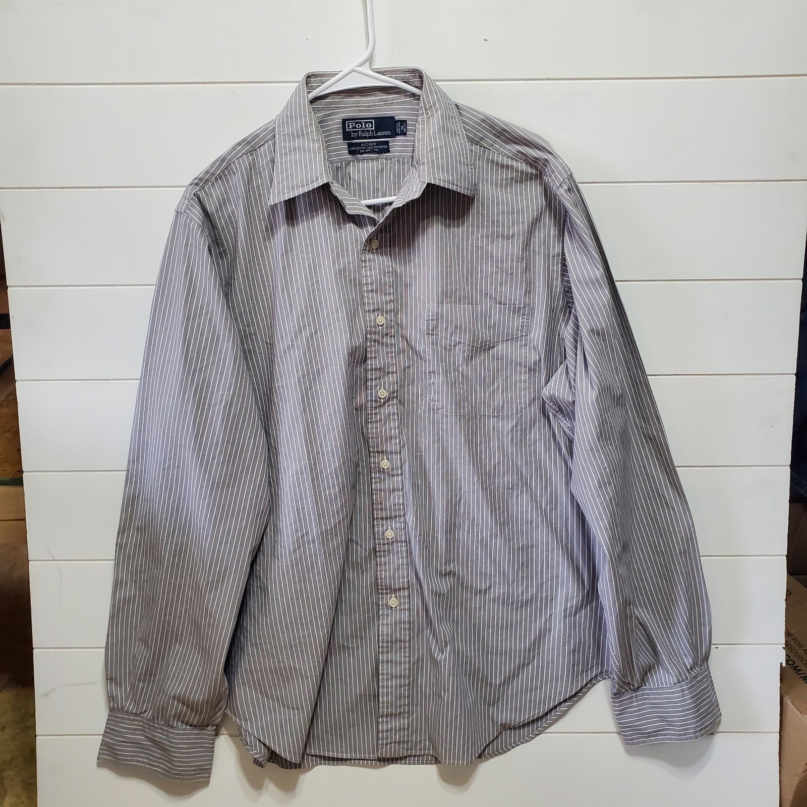 Polo Ralph Lauren Mens Size 16 Andrew 36 / 37 Long Sleeve Gray Striped Button Up